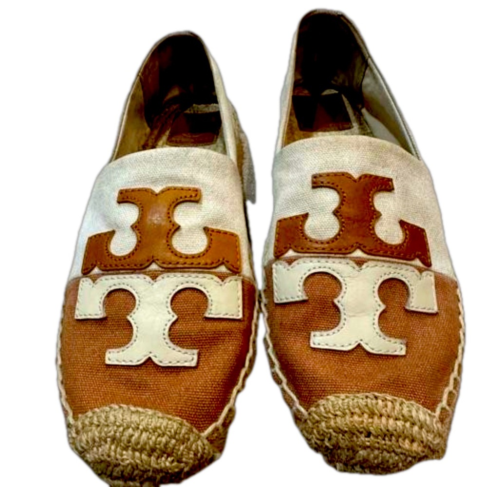 Tory Burch Jaime Espadrille Size 10.5 - Two Tone leather T with canvas fabric